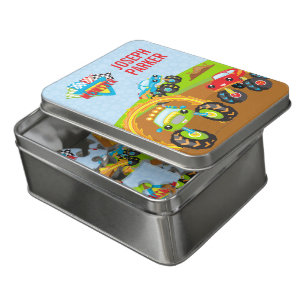 Colorful Little Boy Monster Trucks with First Name Jigsaw Puzzle