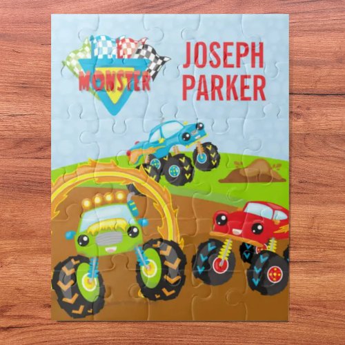Colorful Little Boy Monster Trucks with First Name Jigsaw Puzzle