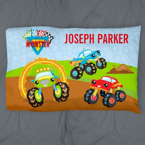 Colorful Little Boy Monster Trucks with First Name Pillow Case