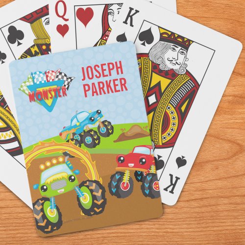 Colorful Little Boy Monster Trucks with First Name Playing Cards