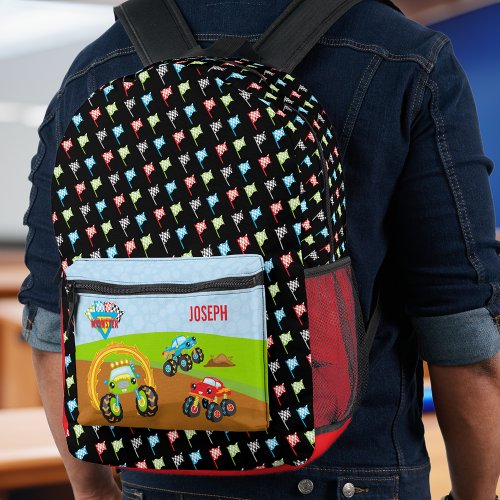 Colorful Little Boy Monster Trucks with First Name Printed Backpack
