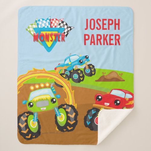 Colorful Little Boy Monster Trucks with First Name Sherpa Blanket