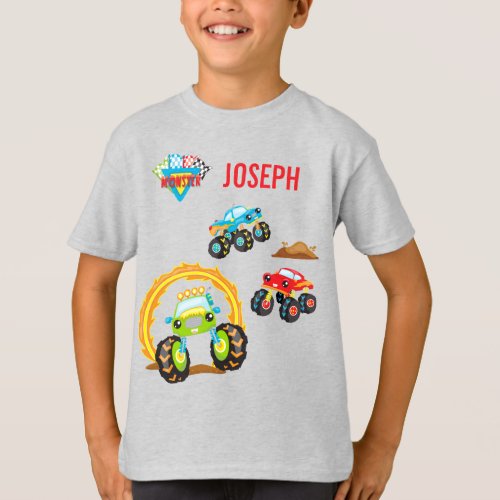 Colorful Little Boy Monster Trucks with First Name T_Shirt