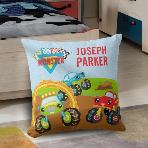 Colorful Little Boy Monster Trucks with First Name Throw Pillow