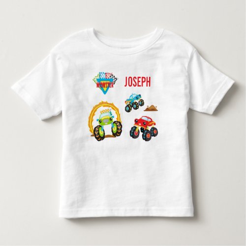 Colorful Little Boy Monster Trucks with First Name Toddler T_shirt