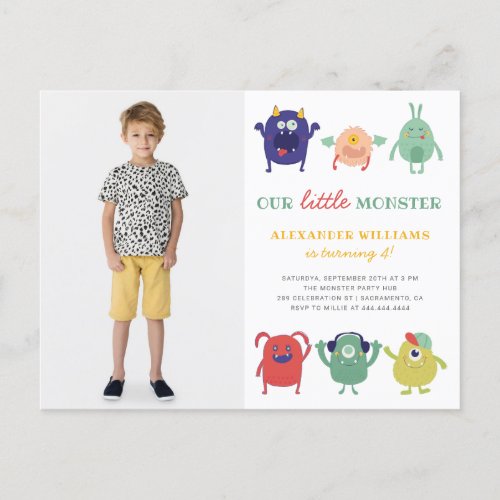 Colorful Little Monster Kids Photo Birthday Invitation Postcard