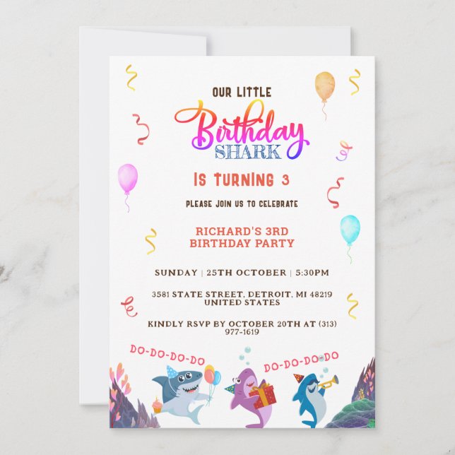 Colorful Little Shark Kid's Birthday Party Invitation (Front)