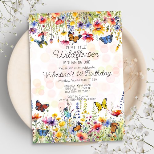 Colorful Little Wildflower Butterflies Birthday Invitation