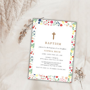 Colorful Little Wildflower Frame Cross Baptism Invitation
