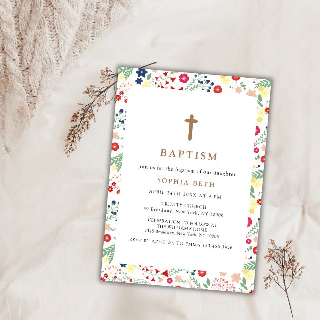 Colorful Little Wildflower Frame Cross Baptism Invitation (Colorful Little Wildflower Frame Cross Baptism Invitation)