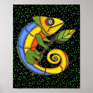 Colorful Lizard on a Branch Original Painting Poster