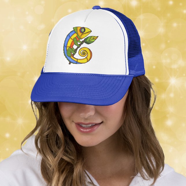 Colorful Lizard on a Branch Trucker Hat (Colourful bright fantasy lizard holding green leaf on stick on trucker or ball cap.)