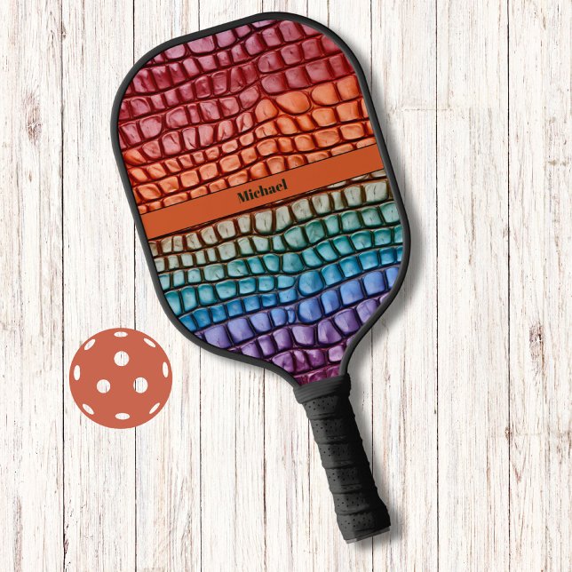 Colorful Lizard Skin Pattern Modern Monogram Pickleball Paddle (Creator Uploaded)