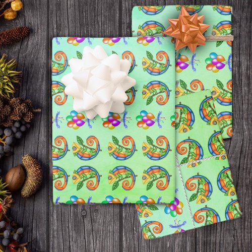 Colorful Lizards Happy Birthday Balloons Green Wrapping Paper Sheets