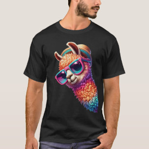 Colorful Llama Alpaca With Sunglasses Hat Funny T-Shirt
