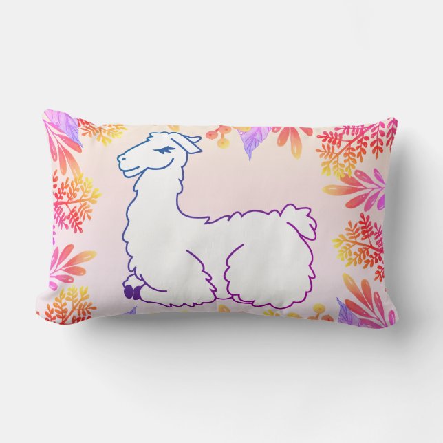 Colorful Llama & Foliage | Custom Name Lumbar Pillow (Front)