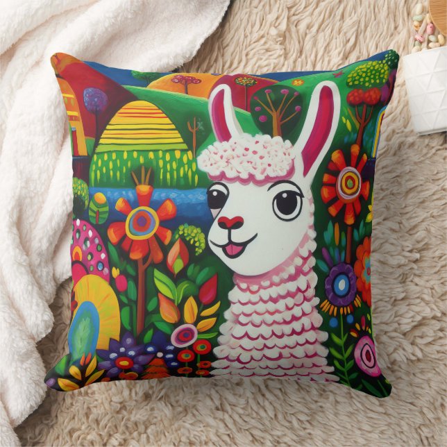 Colorful llama surrounded by flowers painting throw pillow (Blanket)