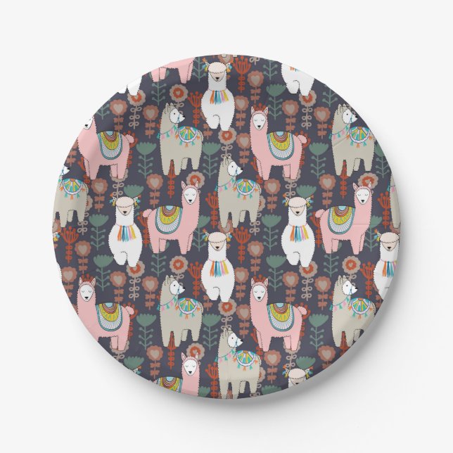 Colorful Llamas Pattern Paper Plates (Front)