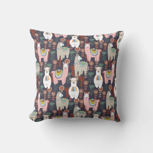 Colorful Llamas Pattern Throw Pillow