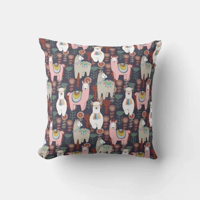 Colorful Llamas Pattern Throw Pillow (Front)