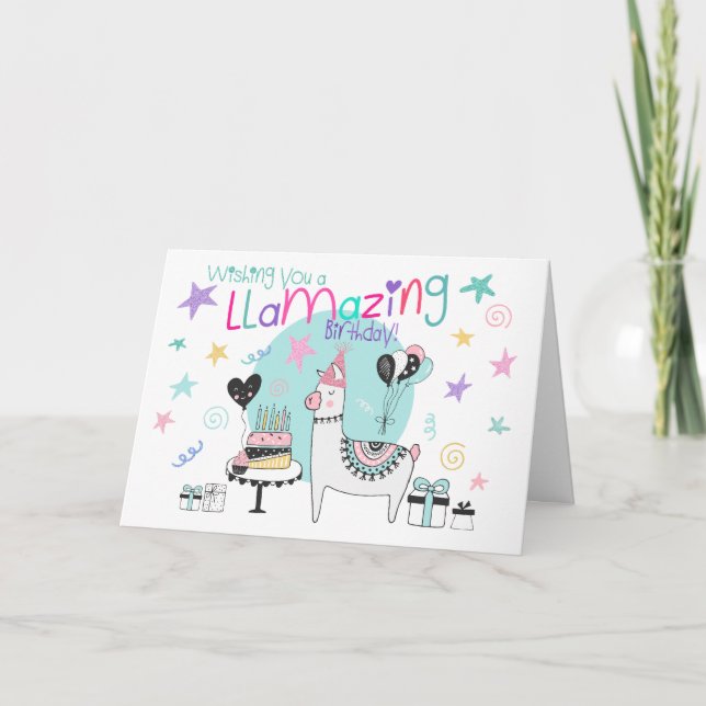 Colorful Llamazing Day Llama Girl’s Happy Birthday Card (Front)
