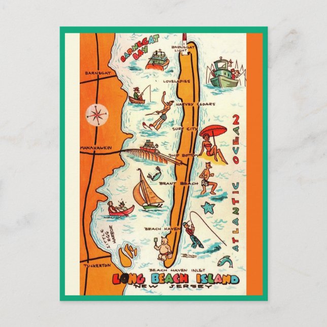 Colorful Long Beach Island Map  Postcard (Front)