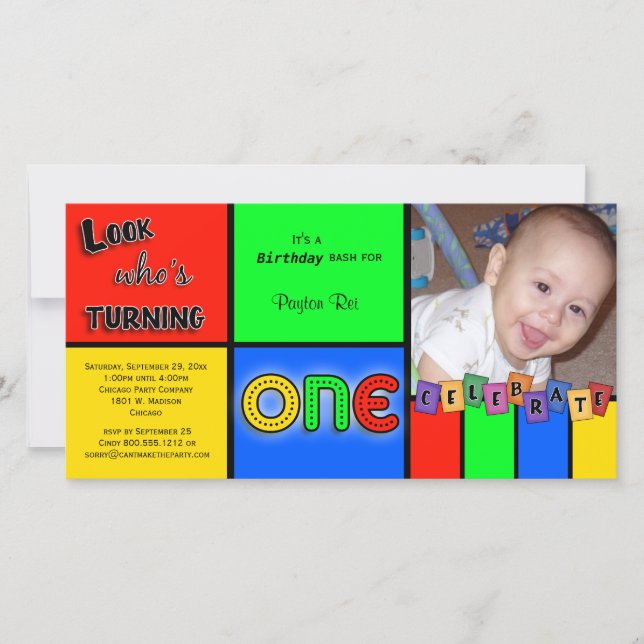 Colorful Look Whos Turning 1 Birthday Invite (Front)