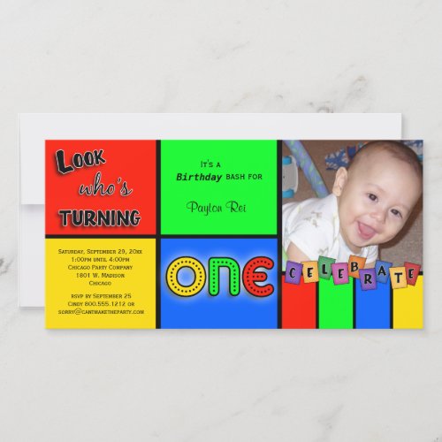 Colorful Look Whos Turning 1 Birthday Invite