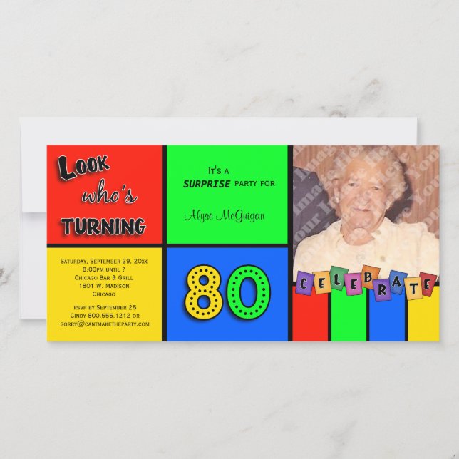Colorful Look Whos Turning 80 Birthday Invite (Front)