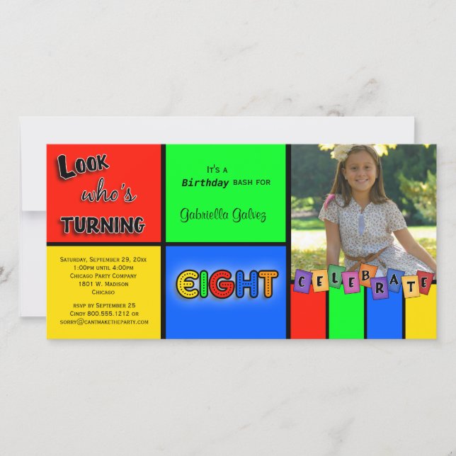 Colorful Look Whos Turning 8 Birthday Invite (Front)