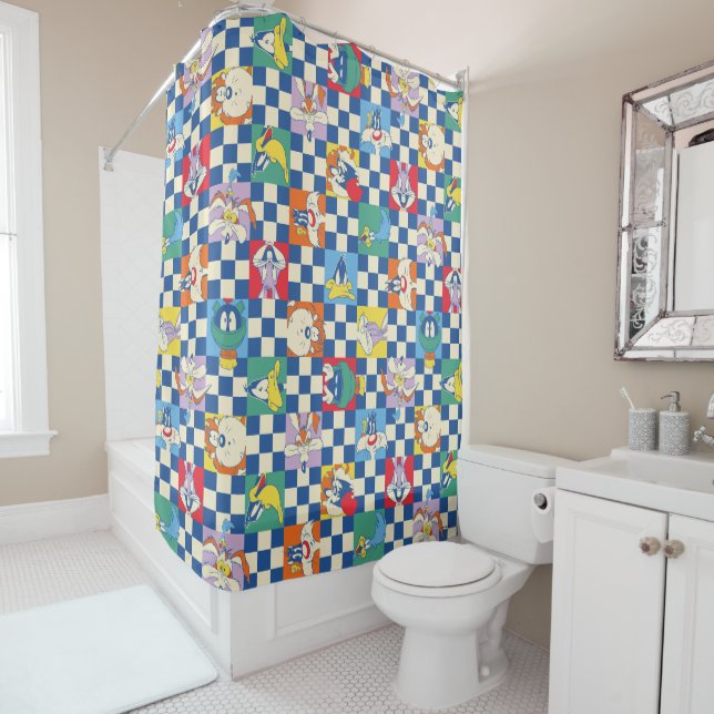Colorful LOONEY TUNES™ Checker Toss Pattern Shower Curtain (In Situ)