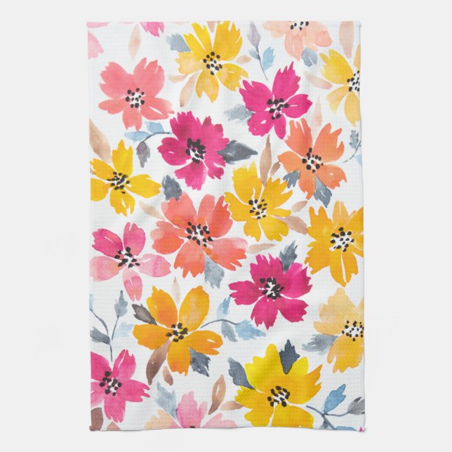 Colorful Loose Floral Watercolor Flowers Kitchen Towel (Vertical)