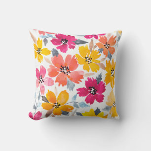 Colorful Loose Floral Watercolor Flowers Throw Pillow