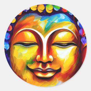 Colorful Lord Buddha Painting, Smiling Buddha Art  Classic Round Sticker