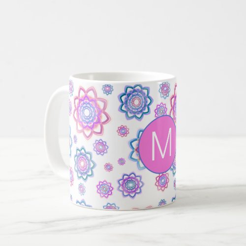 Colorful Lotus Flower Monogram Pink Pastel Green Coffee Mug