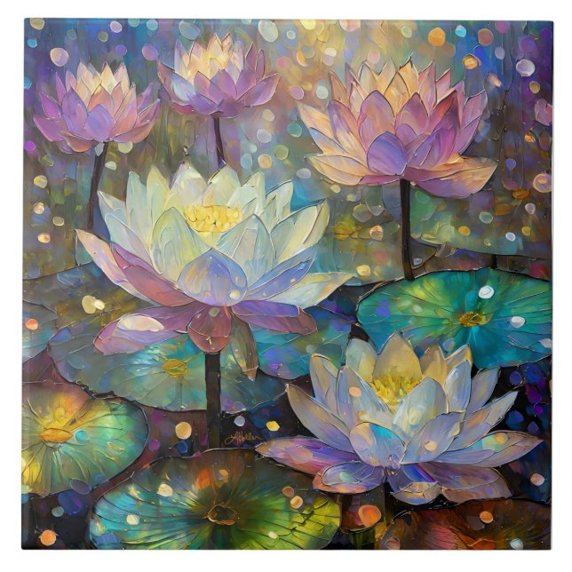 Colorful Lotus Flowers Blossoming in the Snow Ceramic Tile (Front)