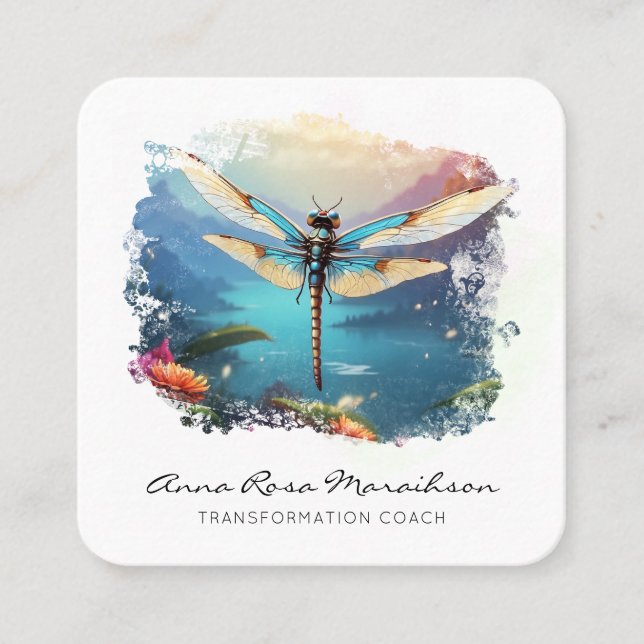 *~*  Colorful  Lotus Lily  Abstract Dragonfly  QR  Square Business Card (Front)