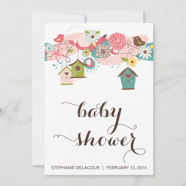 Colorful Love Birds and Bird Houses Baby Shower Invitation (Front)