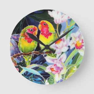 Colorful Love Birds and Orchids Tropical Print Round Clock