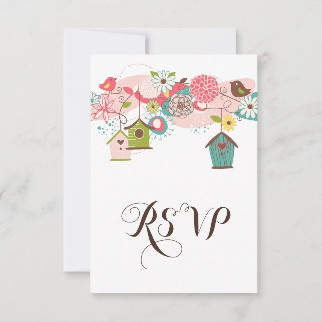 Colorful Love Birds & Bird Houses RSVP Invitation (Front)