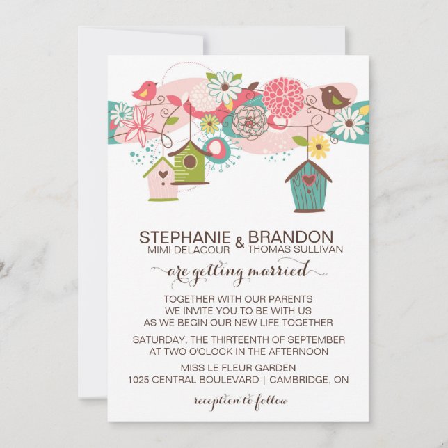 Colorful Love Birds & Bird Houses Wedding Invite (Front)