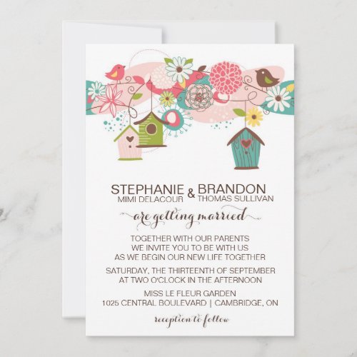 Colorful Love Birds &amp; Bird Houses Wedding Invite