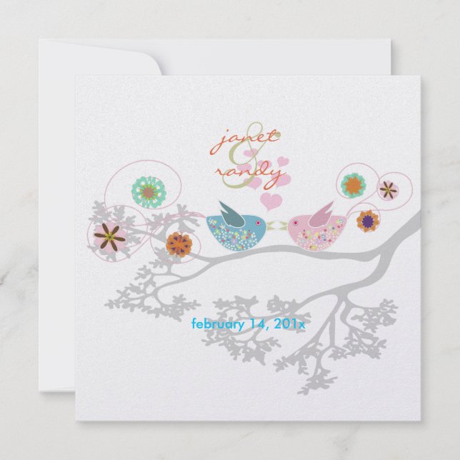 Colorful Love Birds floating hearts Invitation (Front)
