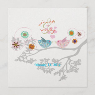 Colorful Love Birds floating hearts Invitation