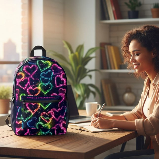 Colorful Love Hearts Custom Name Printed Backpack (Creator Uploaded)