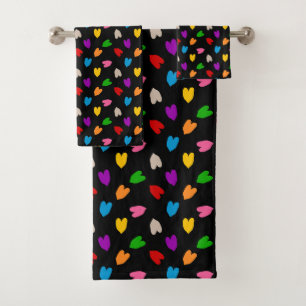 Colorful Love Hearts Pattern Design Black Bath Towel Set
