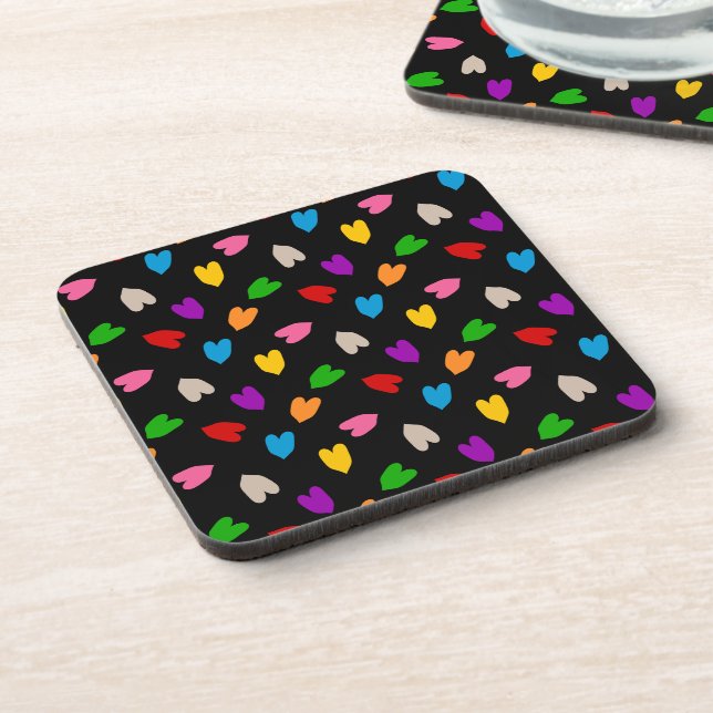 Colorful Love Hearts Pattern Design Black  Beverage Coaster (Left Side)