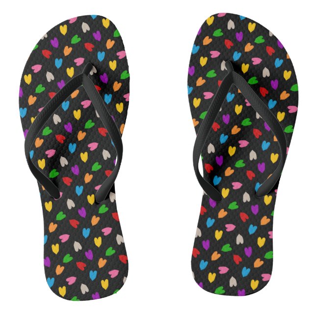 Colorful Love Hearts Pattern Design Black  Flip Flops (Footbed)