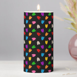 Colorful Love Hearts Pattern Design Black Pillar Candle