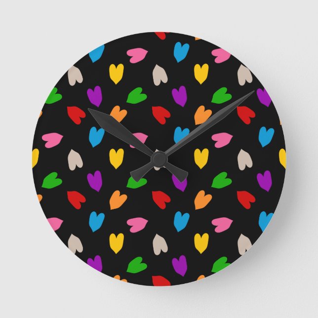 Colorful Love Hearts Pattern Design Black  Round Clock (Front)